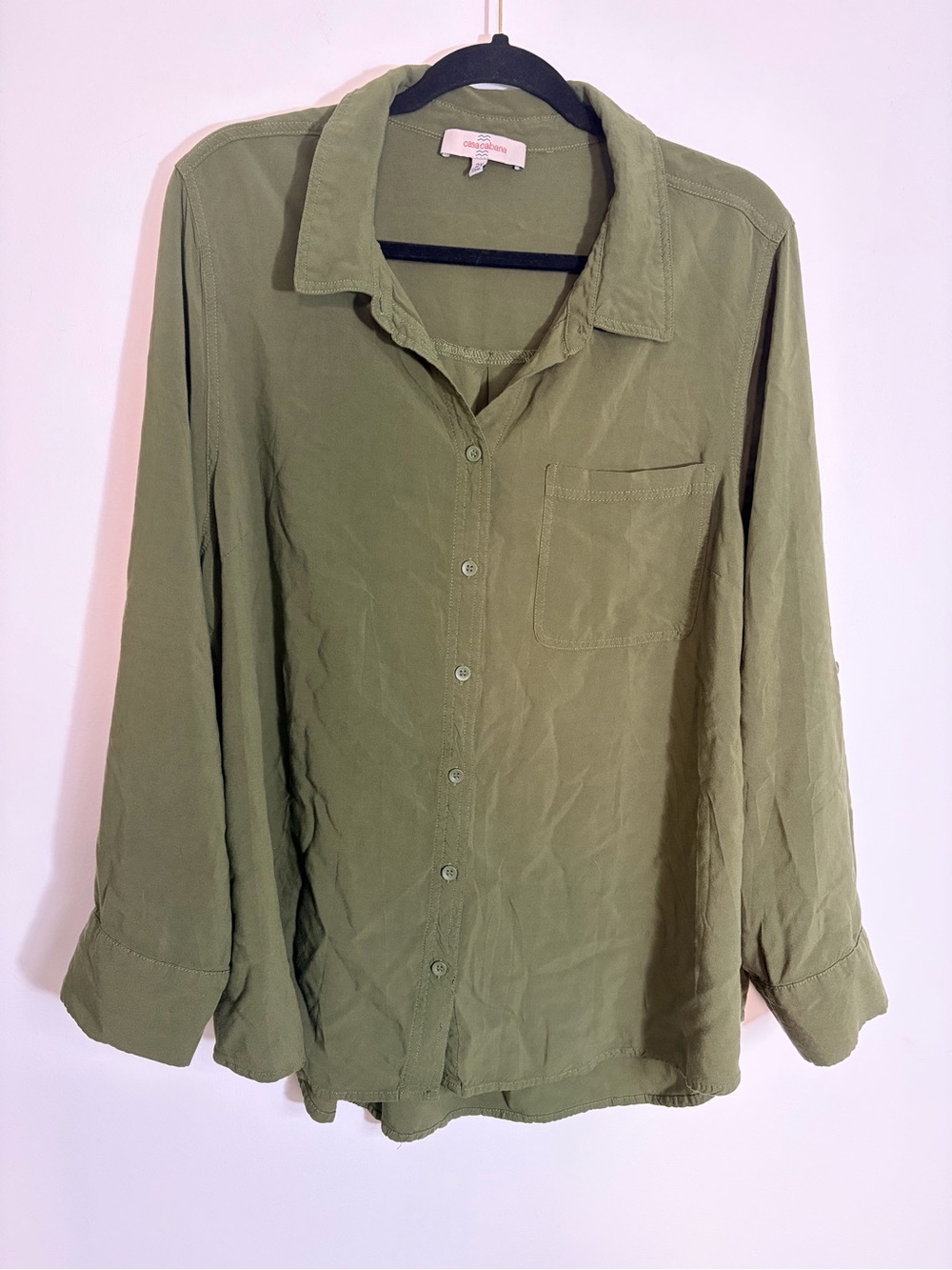 Olive Green Button-Down Shirt with Chest Pocket - Relaxed Fit